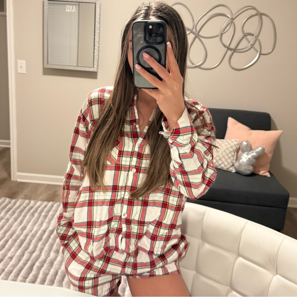 Auden Flannel Pajama Set Red Plaid Check Long Sleeve Shirt & Shorts